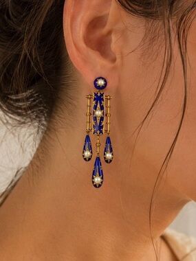 Blue Enamel Pearl Celestial Tassel Drop Earrings